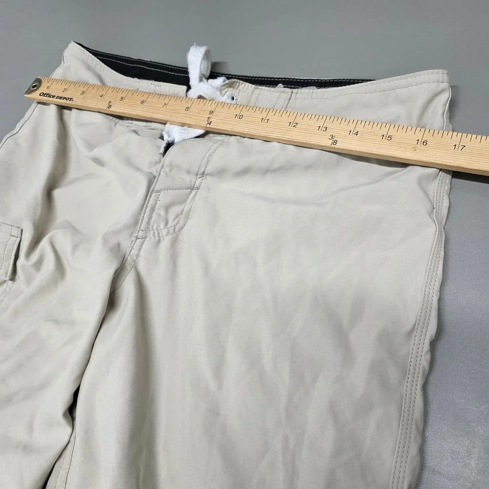 O'Neill Mens Khaki Tan Board Shorts Size 31 Cargo Pocket Script Logo Swim Trunks